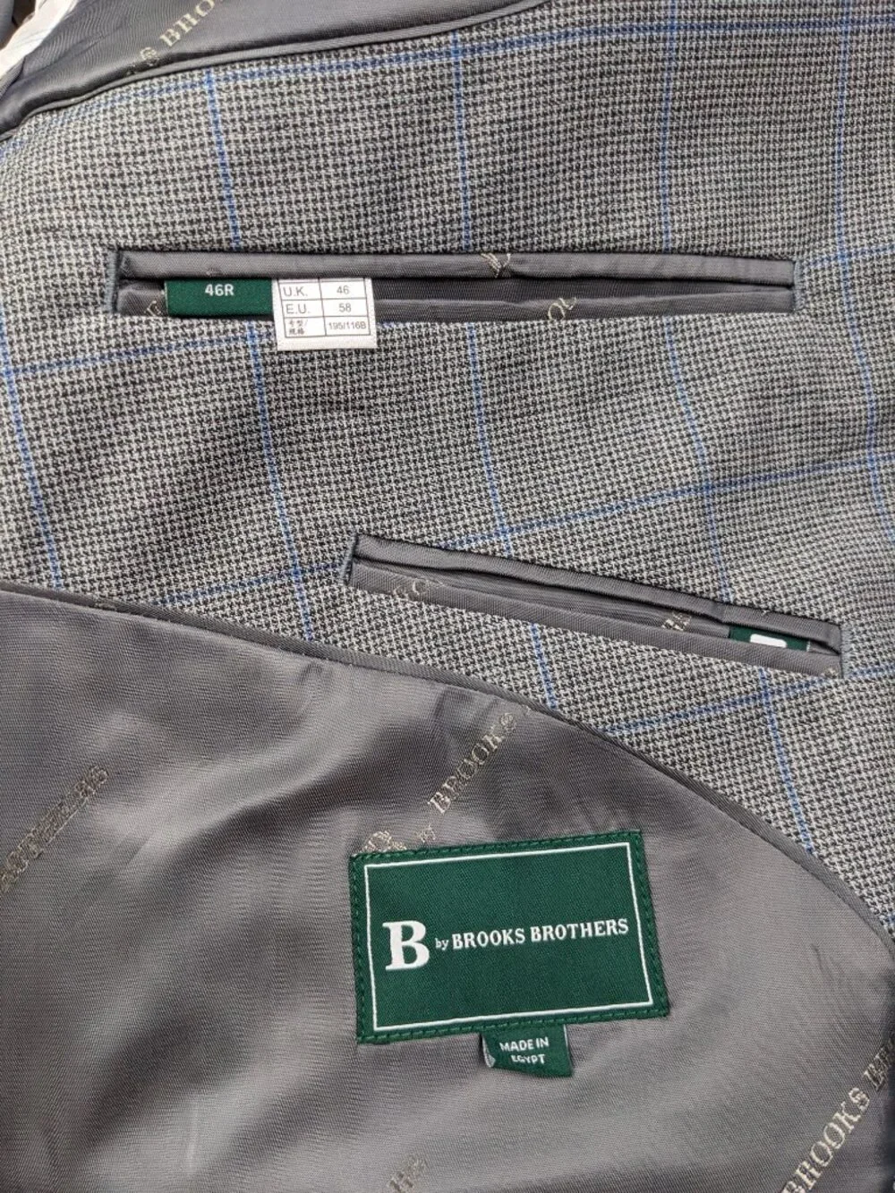 2024 Brooks Brothers Suit Wool Gray Blue Windowpane Plaid 46R 38x30